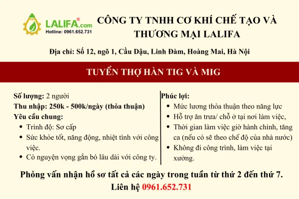 Tuyển gấp thợ Hàn Tig và Mig làm việc tại Hà Nội