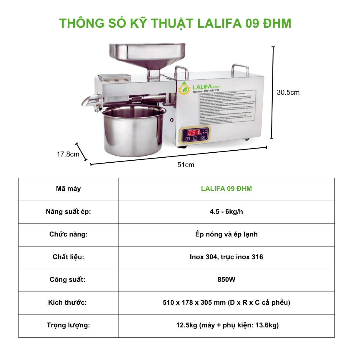 Thông số kỹ thuật máy ép dầu LALIFA09-ĐHM biến tần mới